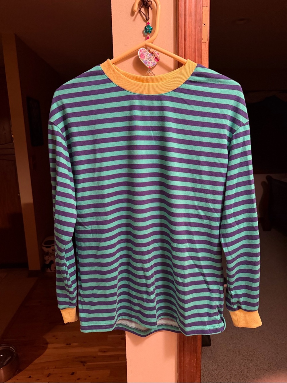 Women’s Long-Sleeve Striped Tee in Teal & Navy  with Yellow Trim